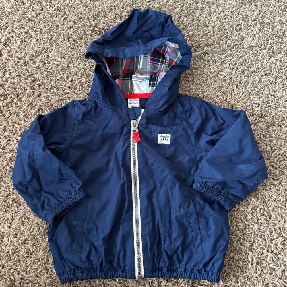 Carters Navy Blue Hooded Jacket with Plaid hood Lining size 18months